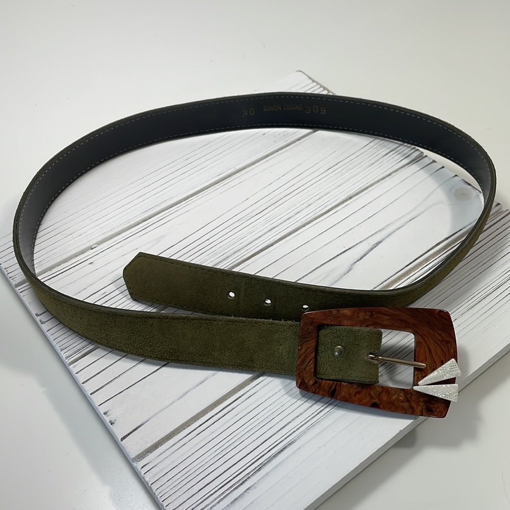 Simon Chang green suede leather belt, Size 30, Small